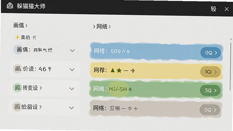 主体为躲猫猫大师设置界面,布局展示画质与网络选项,排版清晰列表,风格极简UI,细节高亮推荐设置项,画质清晰,干净,无多余元素