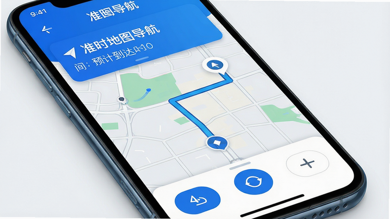 主体为智能手机屏幕显示着“准时地图导航”的高清界面,布局清晰,顶部显示目的地与预计到达时间,中部为动态地图路线规划,底部为简洁的控制按钮,排版整齐,风格现代简约,细节处体现科技感,蓝色主色调,高清,干净,无多余元素,文字“准时地图导航”清晰可见