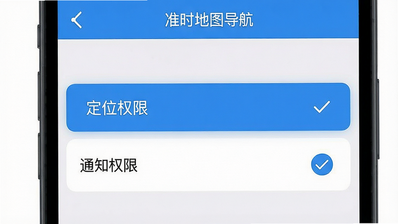主体为手机设置界面,高亮显示“定位权限”和“通知权限”选项,布局简洁,排版清晰,风格扁平化,细节处显示勾选状态,高清,干净,无多余元素,文字“准时地图导航”权限设置