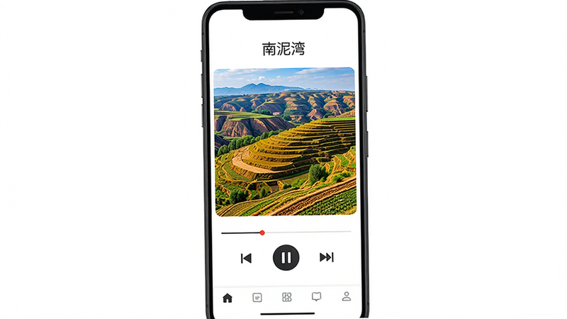 主体为南泥湾APP的安卓手机界面展示图,布局采用居中竖屏排版,顶部显示应用名称“南泥湾”,中间区域展示一张色彩鲜艳、细节丰富的陕北黄土高原梯田风景照片,照片下方有播放控制按钮,底部为导航栏,风格为现代扁平化UI设计,细节清晰,画质高清,干净无多余元素