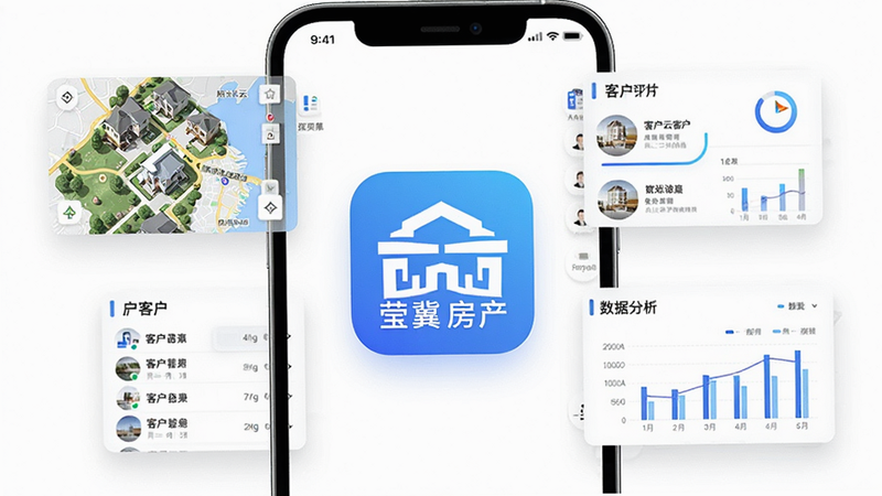 一张展示莹冀云房产App主界面的高清截图,背景为简洁的白色,中间显示应用图标,周围环绕着房源地图、客户列表和数据分析图表的悬浮元素,风格现代商务,色彩以蓝色和白色为主,体现专业与科技感,画质清晰,无多余元素