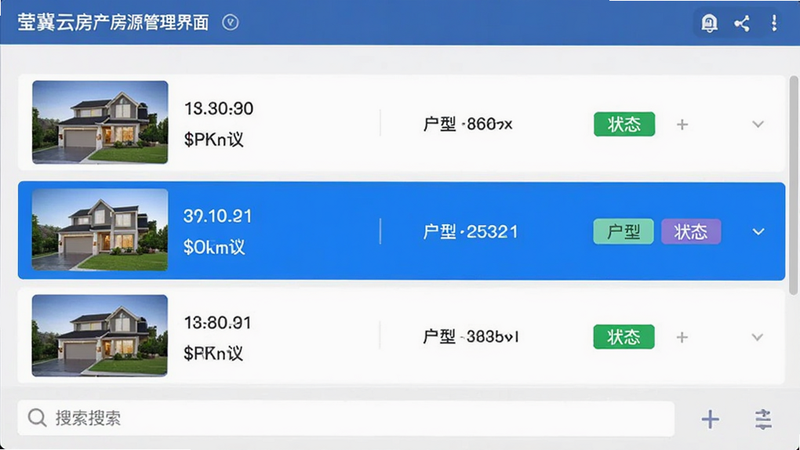 莹冀云房产房源管理界面示意图,展示一个列表视图,每行包含房屋图片、价格、户型和状态标签,界面布局整齐,蓝色高亮选中项,底部有搜索栏,风格扁平化,细节清晰,无多余元素