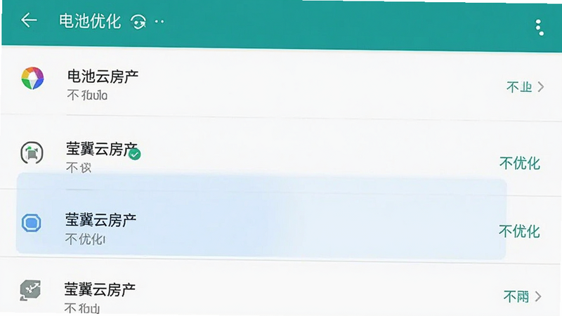 手机设置界面示意图,显示电池优化列表,其中莹冀云房产被高亮标记为“不优化”,背景为安卓系统设置风格,简洁清晰,无多余元素