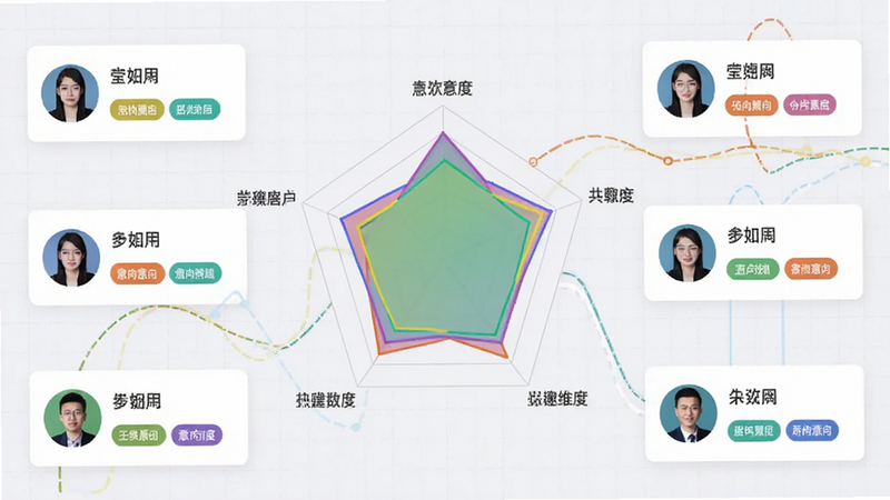 莹冀云房产客户分析页面,中心是一个雷达图展示客户兴趣维度,周围是几个用户头像卡片,显示姓名和意向标签,背景为淡灰色网格,风格数据可视化,色彩鲜明,布局平衡,无多余元素