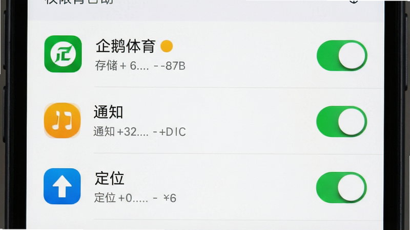 主体为手机设置界面截图,显示权限管理列表,突出“企鹅体育”APP的存储、通知、定位权限开关,布局清晰,排版垂直列表,风格系统原生,细节显示权限状态图标,画质高清,干净无多余元素