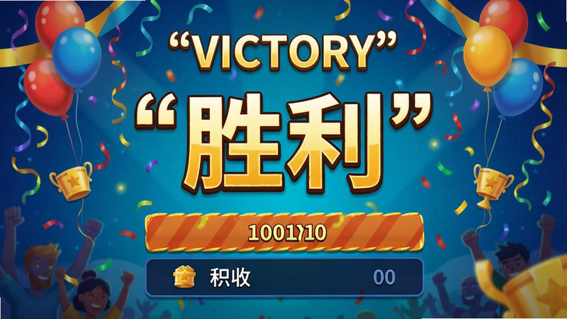 生成一张游戏胜利结算界面图,主体是“胜利”字样与积分统计,布局居中,风格庆祝氛围,细节丰富,画质清晰,干净,无多余元素,文字