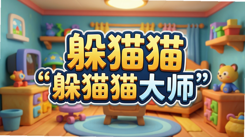 生成一张高清游戏主界面截图,主体是“躲猫猫大师”的游戏Logo,背景是色彩鲜艳的卡通房间,布局居中,排版简洁,风格为3D卡通渲染,细节丰富,画质清晰,干净无多余元素,文字