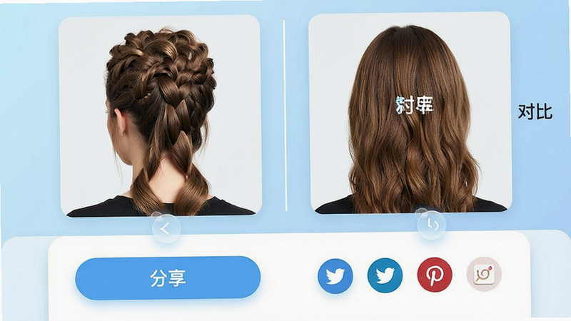 主体为“发型”APP的分享与对比界面,布局分为上下两部分,上半部分显示两个并排的发型效果对比图,中间有一条分割线,下半部分显示分享按钮及社交媒体图标,排版对称平衡,风格为极简主义,细节处体现界面交互的流畅感,背景为浅蓝色渐变,画质清晰,画面干净,文字按钮“分享”、“对比”醒目突出