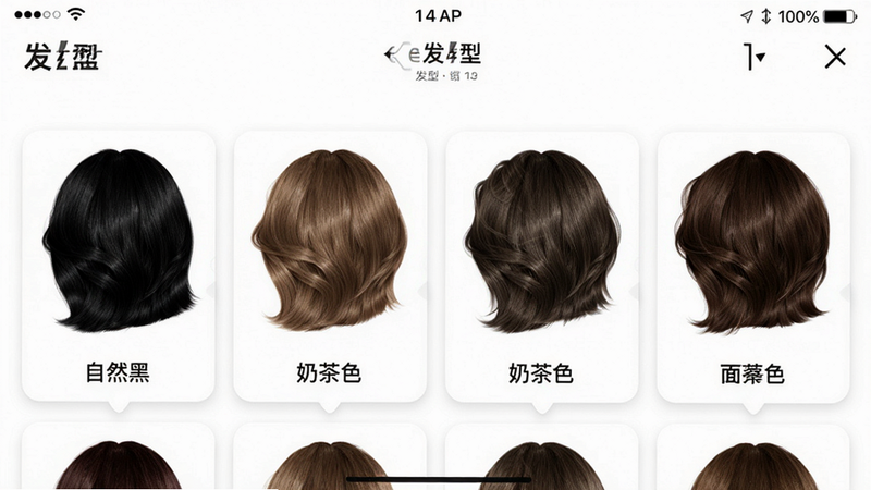 主体为“发型”APP中的发色选择面板,布局为横向滑动卡片式,每张卡片展示一种不同发色的发型效果图,排版紧凑有序,风格为时尚杂志风,细节处展现发丝在光线下的光泽感与层次感,背景为纯白色以凸显发色,画质超清,画面简洁无干扰元素,文字标签“自然黑”、“奶茶色”等清晰标注