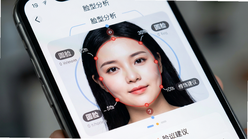 主体为手机屏幕特写,显示“发型”APP的脸型分析界面,布局中心为一张女性面部照片,周围环绕着红色的面部轮廓线及数据标注点,排版清晰直观,风格为科技感UI设计,细节处显示“圆脸”、“修饰建议”等标签,背景虚化处理突出前景,画质锐利,画面纯净无杂乱水印,文字内容“脸型分析”清晰可见
