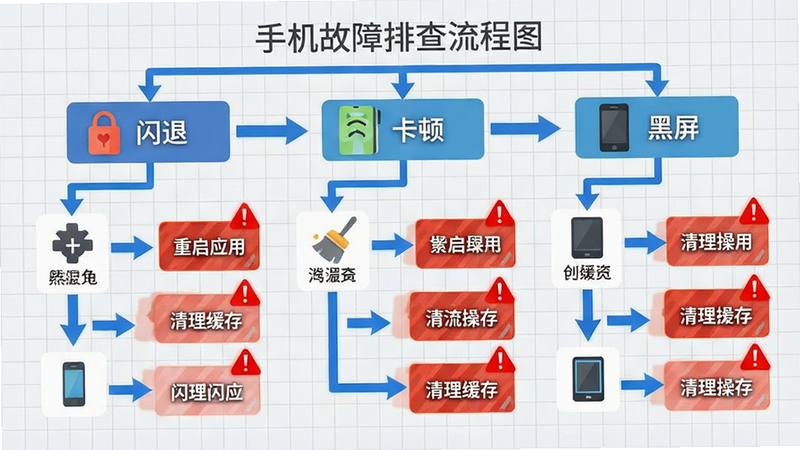 主体为手机故障排查流程图,布局为自上而下的流程图结构,包含“闪退”、“卡顿”、“黑屏”三个主要分支,每个分支下对应具体的解决步骤,排版逻辑清晰,风格为扁平化图标设计,细节处用红色警示标志标注高危操作,用蓝色箭头指示推荐操作,背景为浅灰色网格,画质清晰,画面整洁,文字说明“重启应用”、“清理缓存”等简洁明了
