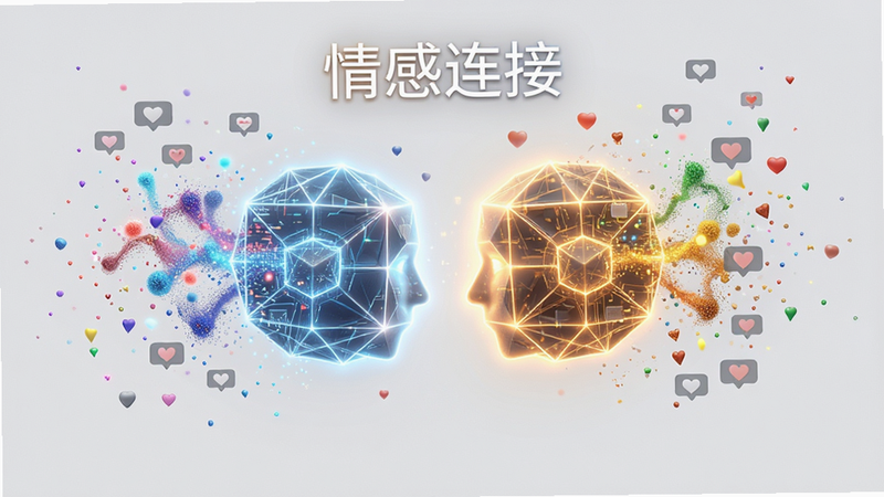 抽象概念图,表现人与AI的情感连接,画面中心是两个发光的几何体相互靠近,周围漂浮着代表情感的彩色粒子,布局平衡,排版简洁,风格科技感与温暖并存,细节精致,画质极高,干净背景,文字显示
