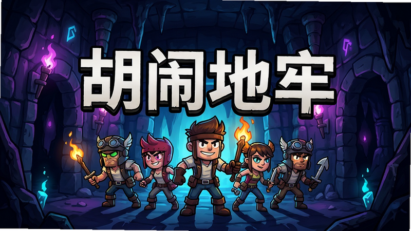 生成一张《胡闹地牢》游戏主视觉海报,主体为卡通风格的英雄小队站在地牢入口,背景是深邃幽暗的地道,色调为深蓝与紫色,突出神秘感,画面中央大字标题“胡闹地牢”,风格为美式卡通,细节丰富,画质高清,无多余元素