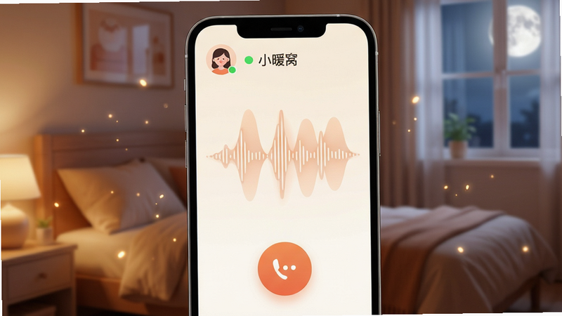 主体为手机屏幕特写,显示名为“小暖窝”的APP界面,背景是温馨的暖色调卧室场景,窗外有柔和的月光。布局清晰,顶部显示用户头像和在线状态,中间是流畅的声波可视化动画,底部是大大的语音通话按钮。排版简约现代,风格温暖治愈,细节处有微光粒子效果,画质高清,干净无多余元素,文字“小暖窝”清晰可见。