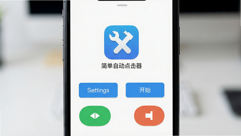 主体为手机屏幕界面,显示名为“简单自动点击器”的应用图标及主界面,布局居中,排版简洁,风格扁平化科技风,细节包含清晰的设置按钮与开始/停止控件,画质高清,干净,无多余元素