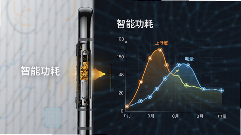 手机侧面散热示意图,配合能量曲线图,文字标注“智能功耗”,布局左右分布,风格数据可视化,细节包含温度与电量曲线,画质高,干净,无多余元素