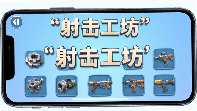 主体为手机游戏屏幕特写,显示射击工坊游戏主界面,布局居中,背景为淡蓝色渐变,排版简洁,风格为3D卡通渲染,细节丰富,展示各种机械零件和武器图标,画质高清,干净无多余元素,文字加引号:射击工坊