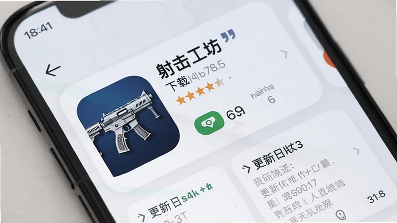 主体为手机应用商店界面,布局展示射击工坊图标及评分,排版为卡片式,风格为商务风,细节显示下载量、更新日志,画质高清,干净,文字加引号:应用商店