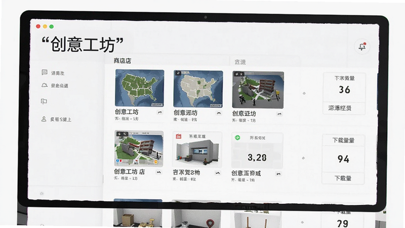 主体为创意工坊商店界面,布局为列表形式,排版清晰,风格为现代UI设计,细节显示地图缩略图和下载量统计,画质明亮,干净,文字加引号:创意工坊