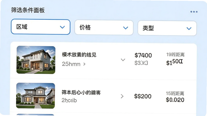 筛选条件面板,包含“区域”、“价格”、“类型”等下拉菜单。下方列表显示筛选后的结果,每行包含房屋图片、标题、价格和距离信息。背景为淡蓝色,强调筛选功能的直观性。风格为现代移动应用UI,图标简洁明了,布局整齐。