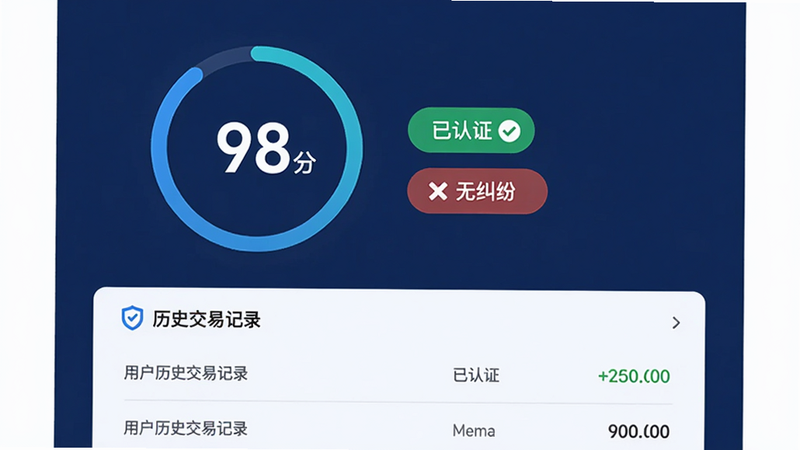 信用评分界面,显示一个圆形的进度条,数值为98分,旁边有“已认证”、“无纠纷”等标签。下方列出用户的历史交易记录摘要。背景为深蓝色,象征安全与稳重。风格为数据可视化图表,清晰直观,无杂乱元素。