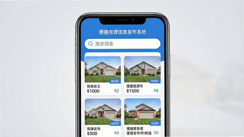 展示一部现代智能手机,屏幕中央显示“便捷房源信息发布系统”的应用界面。界面采用清爽的蓝白配色,顶部为搜索栏,下方是网格状排列的房屋缩略图卡片,每张卡片上有清晰的房屋图片和价格标签。背景为柔和的浅灰色渐变,突出屏幕内容。风格为极简主义UI设计,高清晰度,无多余装饰元素,文字清晰可见。