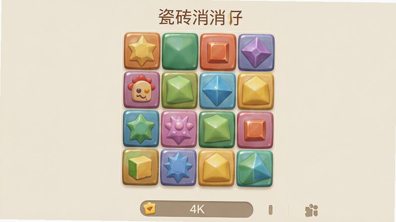 主体为“瓷砖消消乐”安卓版游戏主界面,布局居中展示一个由多彩几何方块组成的网格,方块表面呈现光滑的瓷砖质感,反射出柔和的高光。背景为浅米色极简风格,无多余装饰元素。排版简洁,底部显示分数栏。风格为扁平化设计结合微写实渲染,细节丰富,画面干净,高分辨率,无水印,无文字干扰,清新明亮,4k画质