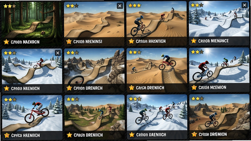 主体为Downhill Race Extreme BMX Rush的赛道地图界面,布局为网格状排列的多个赛道缩略图,每个缩略图展示不同的地貌特征如森林、沙漠、雪原,排版整齐有序,风格为游戏UI设计,细节包括难度星级标识和赛道名称,画质高清,干净,无多余元素