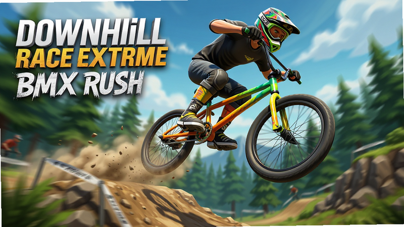 主体为一款名为Downhill Race Extreme BMX Rush的手机游戏宣传海报,布局为横向构图,中央展示一辆炫彩BMX自行车在崎岖山地赛道上高速飞跃的瞬间,背景是模糊的绿色森林和蓝天白云,排版简洁大气,风格为现代3D写实风,细节丰富展现车轮扬起的尘土和骑手专注的表情,画质超清,干净,无多余元素