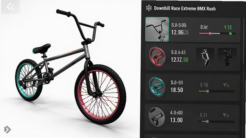 主体为Downhill Race Extreme BMX Rush的车辆改装菜单界面,布局为左侧车辆模型展示区,右侧配件选择列表,画面中一辆BMX车正在更换彩色轮毂,排版清晰直观,风格为现代游戏菜单设计,细节包括配件图标、属性数值变化提示,画质精致,干净,无多余元素
