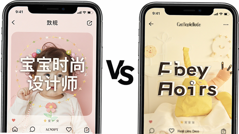 主体为两部手机并排对比,左边屏幕显示中文界面“宝宝时尚设计师”,右边屏幕显示英文界面,中间有VS符号,背景为纯白,布局对称,排版清晰,风格为对比展示图,细节展示UI语言差异,画质高清,干净,无多余元素