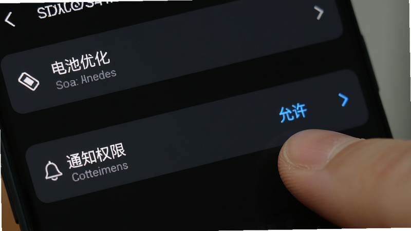 主体为手机设置界面截图,显示“电池优化”与“通知权限”选项,手指正在点击“允许”按钮,背景为手机系统默认深色模式,布局为列表设置页,排版紧凑,风格为系统原生UI,细节清晰,画质真实,干净,无多余元素