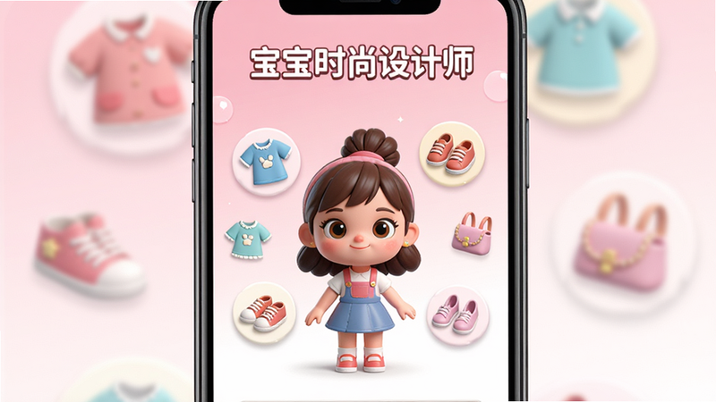主体为一部竖屏智能手机,屏幕中央显示“宝宝时尚设计师”的游戏主界面,画面中心是一位可爱的卡通小女孩角色,周围环绕着悬浮的衣物、鞋子、配饰图标,背景为柔和的粉色与白色渐变,布局整洁,排版清晰,风格为3D卡通渲染,细节丰富,画质高清,干净,无多余元素