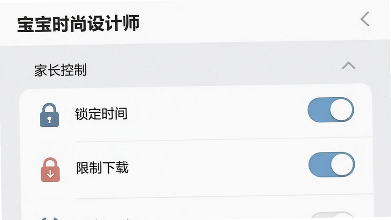 主体为“宝宝时尚设计师”的设置界面,显示“家长控制”选项,包括“锁定时间”、“限制下载”等开关,界面简洁,图标清晰,背景为浅灰色,布局为列表式,排版规范,风格为现代简约UI,细节展示安全锁图标,画质清晰,干净,无多余元素