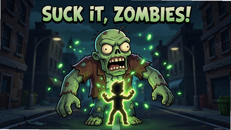 一张展示《Suck it, Zombies!》游戏核心场景的插画,主体是一个巨大的、带有卡通风格的僵尸正在被一个发光的角色吸收,周围环绕着绿色的能量粒子,背景是昏暗的城市街道,布局居中,排版平衡,风格为美式卡通渲染,细节丰富,画质高清,干净,无多余元素,文字“Suck it, Zombies!”位于顶部居中
