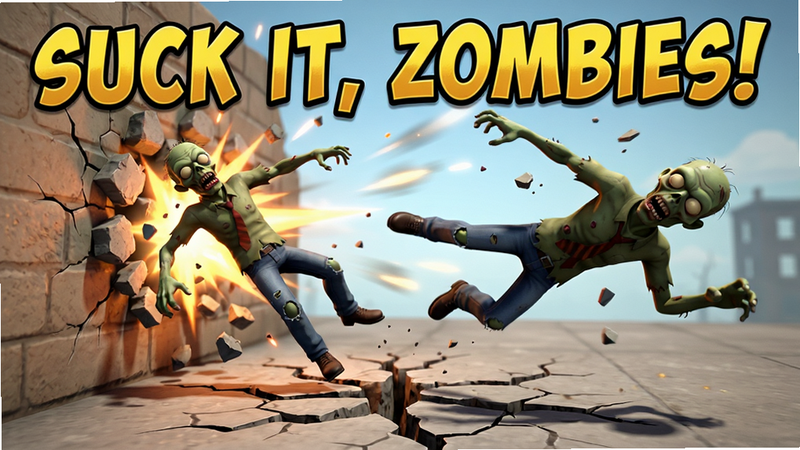 《Suck it, Zombies!》物理效果演示,展示僵尸被击飞撞到墙壁后反弹的场景,地面有裂纹特效,布局充满动感,排版突出冲击力,风格为写实与卡通结合,细节刻画碎片飞溅,画质逼真,干净,无多余元素