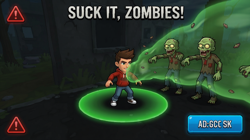 《Suck it, Zombies!》新手操作界面截图,显示角色周围有绿色吸附圈,僵尸正在被吸入,界面角落有红色警告图标,布局清晰,排版突出操作按钮,风格为UI设计展示,细节包含按钮高亮,画质清晰,干净,无多余元素