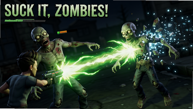 《Suck it, Zombies!》游戏界面特写,显示角色发射绿色光波击中僵尸,僵尸身体破碎并化为光点飞向角色,布局聚焦于中心战斗区,排版清晰,风格为动态动作捕捉,细节展现能量流动特效,画质极高,干净,无多余元素