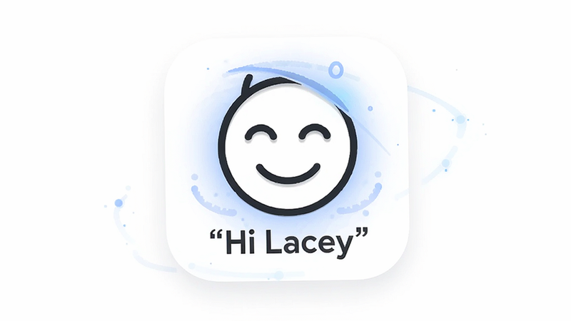 主体为白色背景上悬浮的Hi Lacey应用图标,图标设计简约现代,中心是一个微笑的抽象人脸轮廓,周围环绕着淡淡的蓝色光晕。布局居中,排版简洁大气,风格为扁平化UI设计,细节处体现科技感,画质清晰,干净,无多余元素,文字加引号