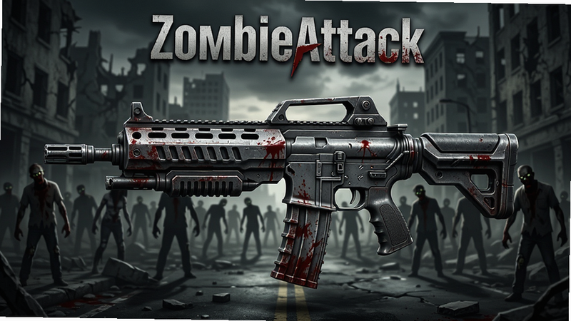 主体为ZombieAttack游戏主界面,布局中央显示一把巨大的科幻风格突击步枪,背景是破败的城市街道与成群逼近的僵尸剪影,排版简洁突出核心玩法,风格为写实暗黑风,细节丰富展现金属质感与血迹,画质4K高清,干净无多余元素,文字“ZombieAttack”位于顶部居中
