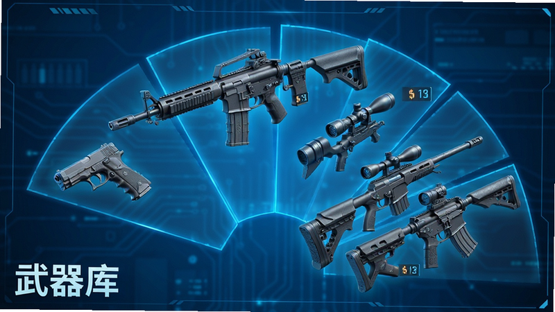 主体为ZombieAttack武器库界面,布局展示多把悬浮的3D枪械模型,包括手枪、步枪、狙击枪,排版呈扇形分布,风格为科技蓝光背景,细节展示枪械纹理与弹药数量,画质高清,干净无多余元素,文字“武器库”在左下角
