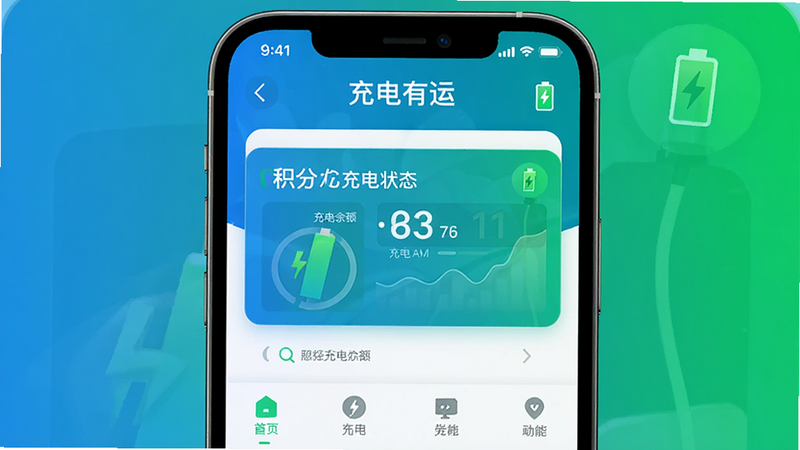 主体为充电有运APP的手机界面展示,布局清晰,顶部显示应用名称,中间突出显示积分余额和充电状态,底部为功能导航栏,风格为扁平化现代科技风,细节处有绿色电量图标点缀,画质高清,干净无多余元素,文字“充电有运”清晰可见