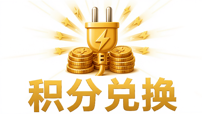 主体为金币与充电插头结合的创意图形,布局为中心放射状,排版简洁大气,风格为暖黄色调,细节展示金币堆叠和闪电符号,画质高保真,干净背景,文字“积分兑换”醒目展示