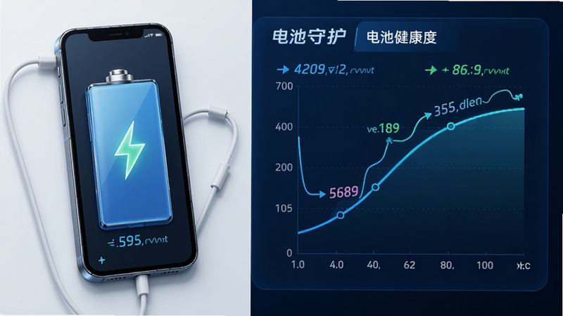 主体为手机电池充电过程的可视化图表,布局为左右结构,左侧是手机模型,右侧是电池健康度曲线图,排版紧凑有序,风格为科技感蓝色调,细节显示电流数值变化,画质清晰,干净背景,文字“电池守护”居中显示