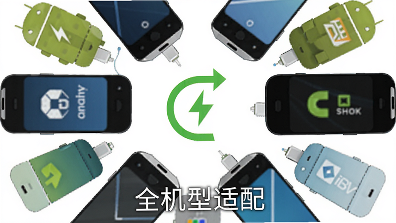 主体为多个安卓手机图标环绕一个中心充电符号,布局为环形构图,排版均衡,风格为简约商务风,细节显示不同品牌Logo简化版,画质清晰,干净背景,文字“全机型适配”位于下方