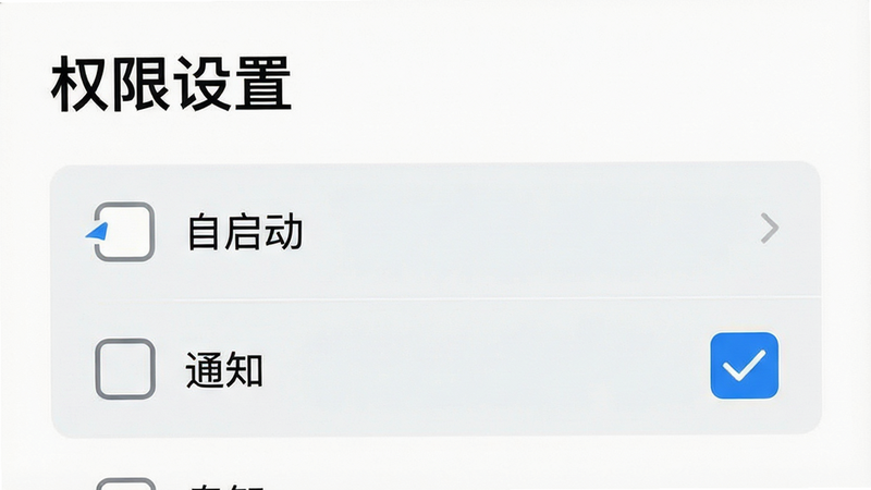 主体为设置界面的权限勾选列表,布局为垂直列表,排版整齐,风格为简洁UI设计,细节显示“自启动”和“通知”已勾选状态,画质清晰,干净背景,文字“权限设置”标题清晰