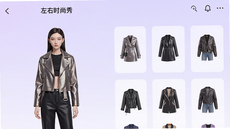 主体为左右时尚秀APP界面截图,布局清晰,左侧展示角色全身像,右侧排列多款不同风格的服装图标,背景为柔和的淡紫色渐变,排版整齐有序,风格为现代扁平化设计,细节处展示衣物纹理与光泽,画质高清,干净无多余元素,文字“左右时尚秀”位于顶部导航栏