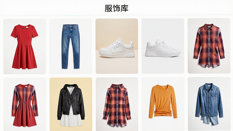 主体为服饰分类界面,布局采用网格状排列,展示多款色彩鲜艳的服装缩略图,包括红色连衣裙、蓝色牛仔裤、白色运动鞋等,排版紧凑且留有呼吸感,风格为时尚电商风,细节展示衣物褶皱与材质,画质清晰,干净,文字“服饰库”位于顶部