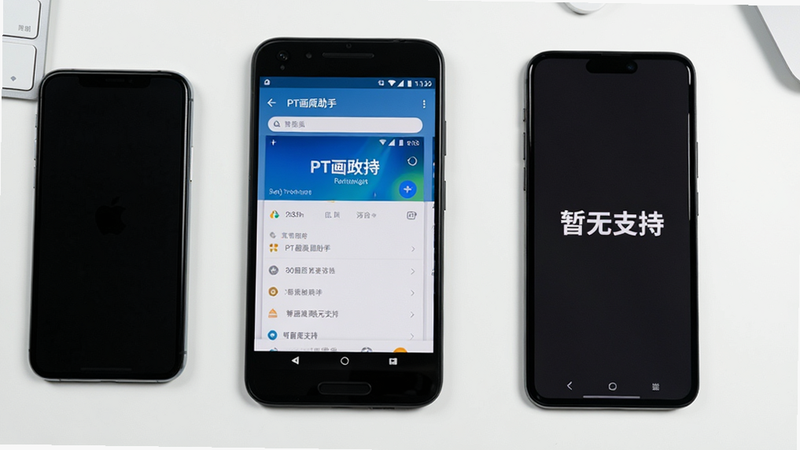 主体为iPhone手机与安卓手机并排对比图,安卓手机屏幕上显示PT画质助手运行界面,iPhone手机屏幕上显示“暂无支持”提示,背景为简洁白色桌面,风格为极简主义,对比鲜明,细节清晰,文字“暂无支持”加粗,无多余装饰,画质清晰,布局对称