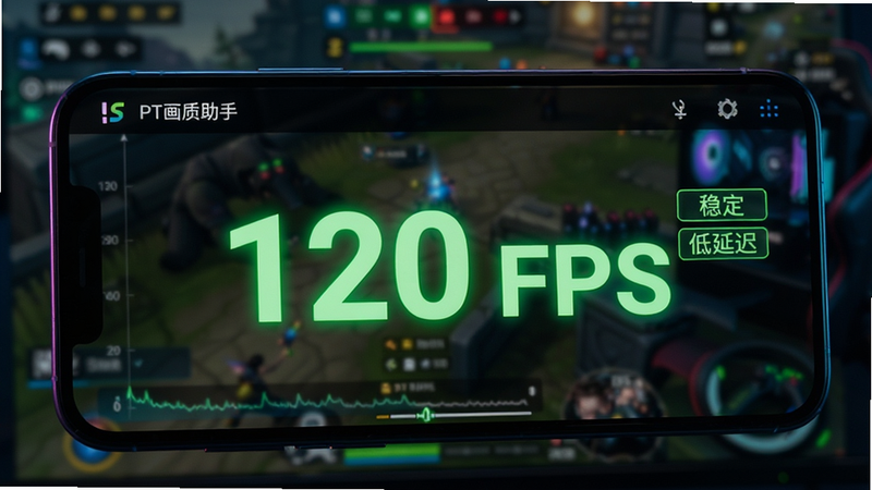 主体为手机屏幕特写,显示PT画质助手正在运行中的帧率监控界面,背景为模糊的游戏画面,前景清晰显示绿色数字“120 FPS”跳动,旁边有“稳定”、“低延迟”标签,风格为电竞科技感,霓虹光效点缀,细节丰富,画质超清,文字“120 FPS”加粗高亮,无杂乱背景元素